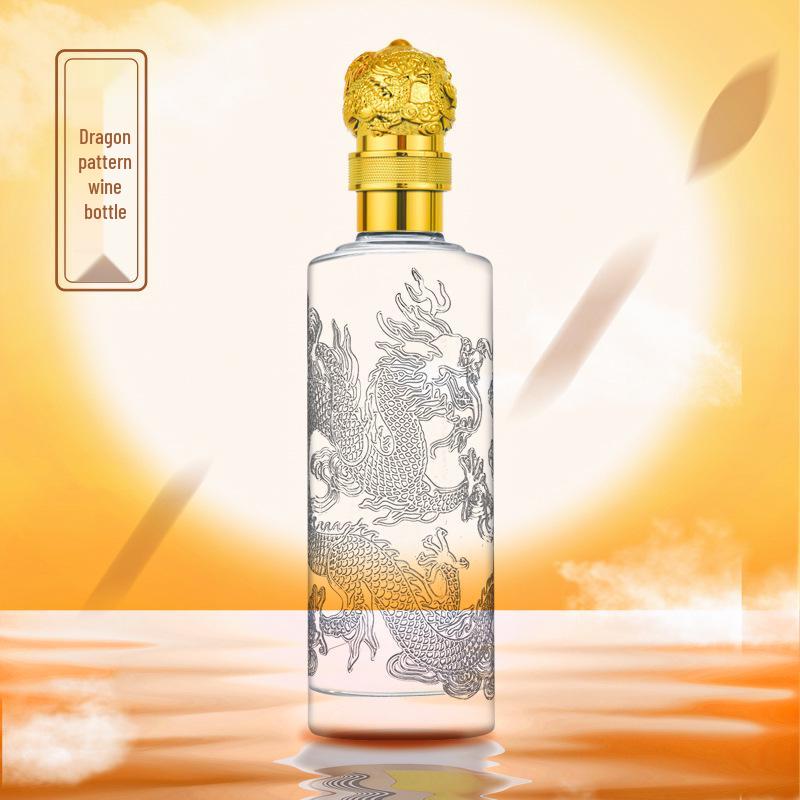 Premium Embossed Dragon Pattern Glass Wine Bottle, 1 Jin Capacity, Transparent Baijiu Home Brew Storage.