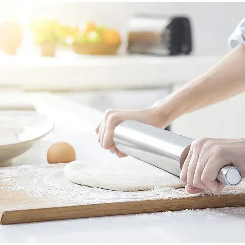 NEW 1Pcs Stainless Steel Fondant Rolling Pin Non-stick Pizza Noodles Cookie Cake Roller Kitchen Roller Easy Dough Rolling Tool