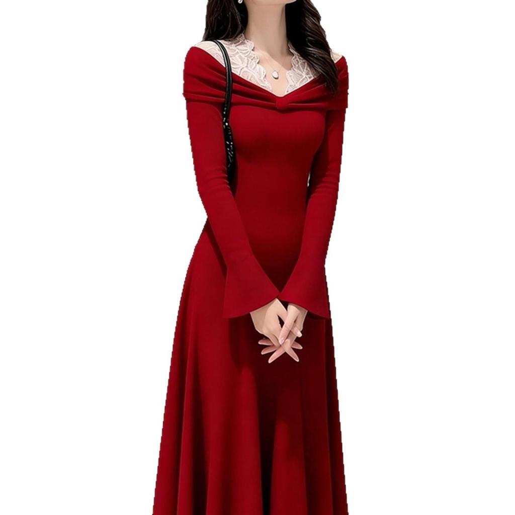 2026 Elegant Red Lace Patchwork Dress for Girls & Women, Perfect for Spring/Autumn & New Year, Slimming Long Design