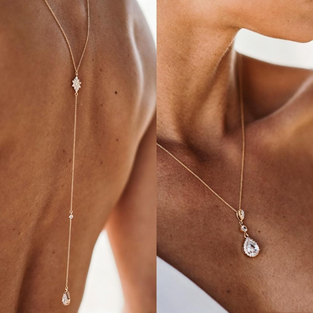 Gold Silver Color Sexy Crystal Pendant Back Chain Necklace Women s Long Zircon Backless Chain Bikini Beach Jewelry Wedding Gift