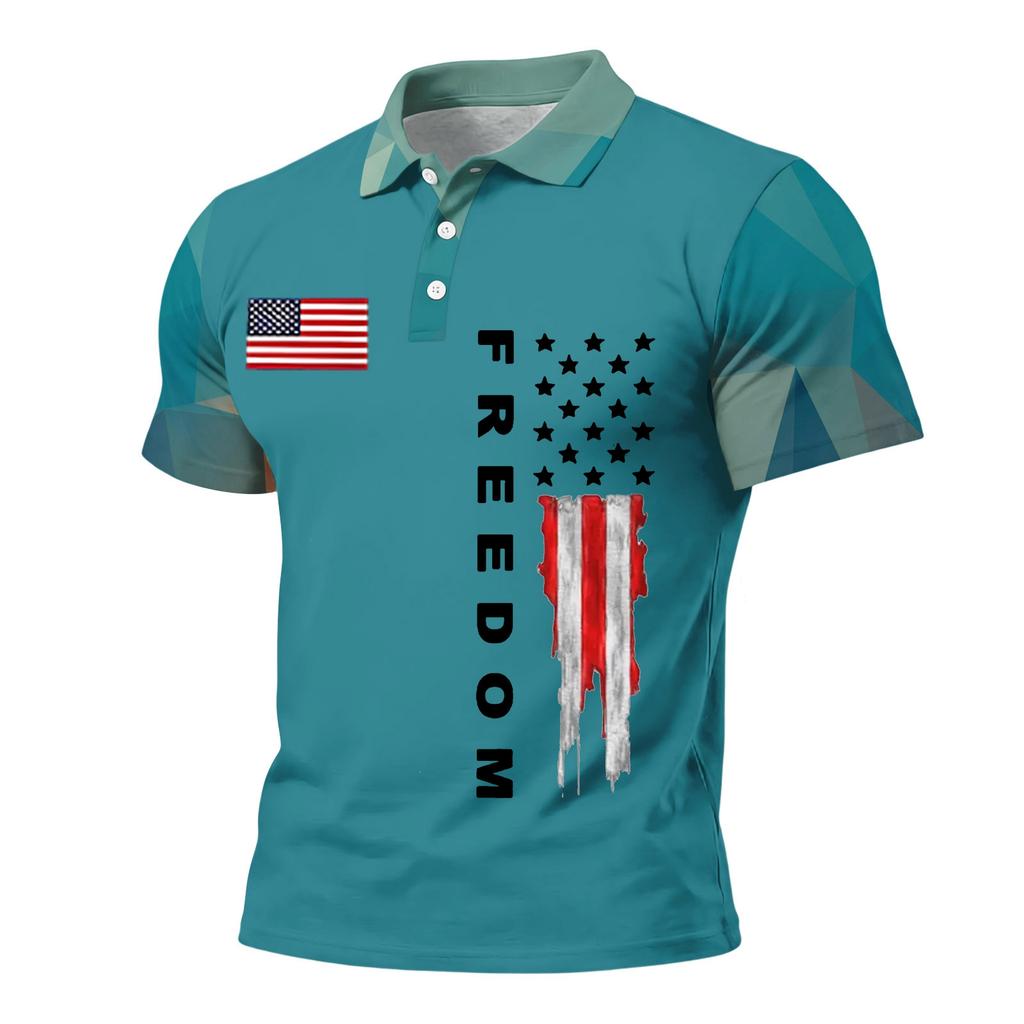 Men's Loose Fit Casual Polo Shirt Short Sleeve Button Down Collar Printed Graphic Tee with Flag Design and Freedom Text