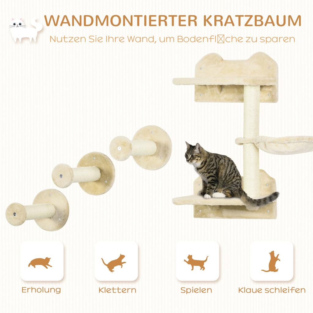 4 Piece Cat Shelf with Scratching Post, Wall-Mounted Cat Tree for Indoor Cat - Beige