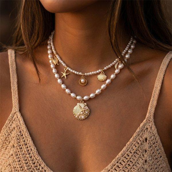Bohemian Ocean Shell Faux Pearl Pendant Necklace Summer Beach Vacation Choker Fashion Jewelry