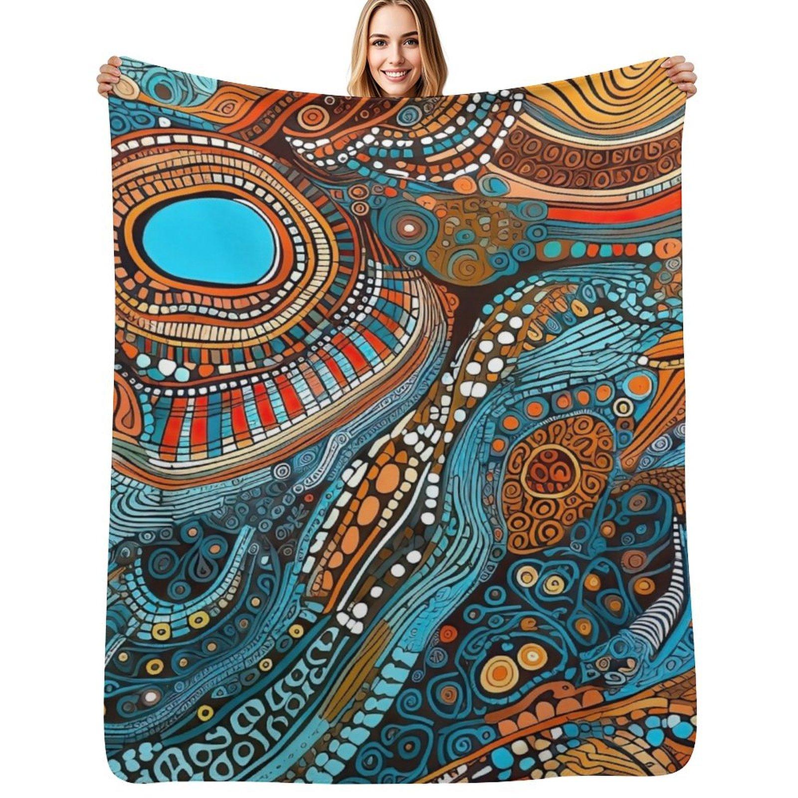 Creative Homewares Unisex White Aboriginal Art #7 Throw Blanket Warm Plush Fuzzy Blanket For Living Room