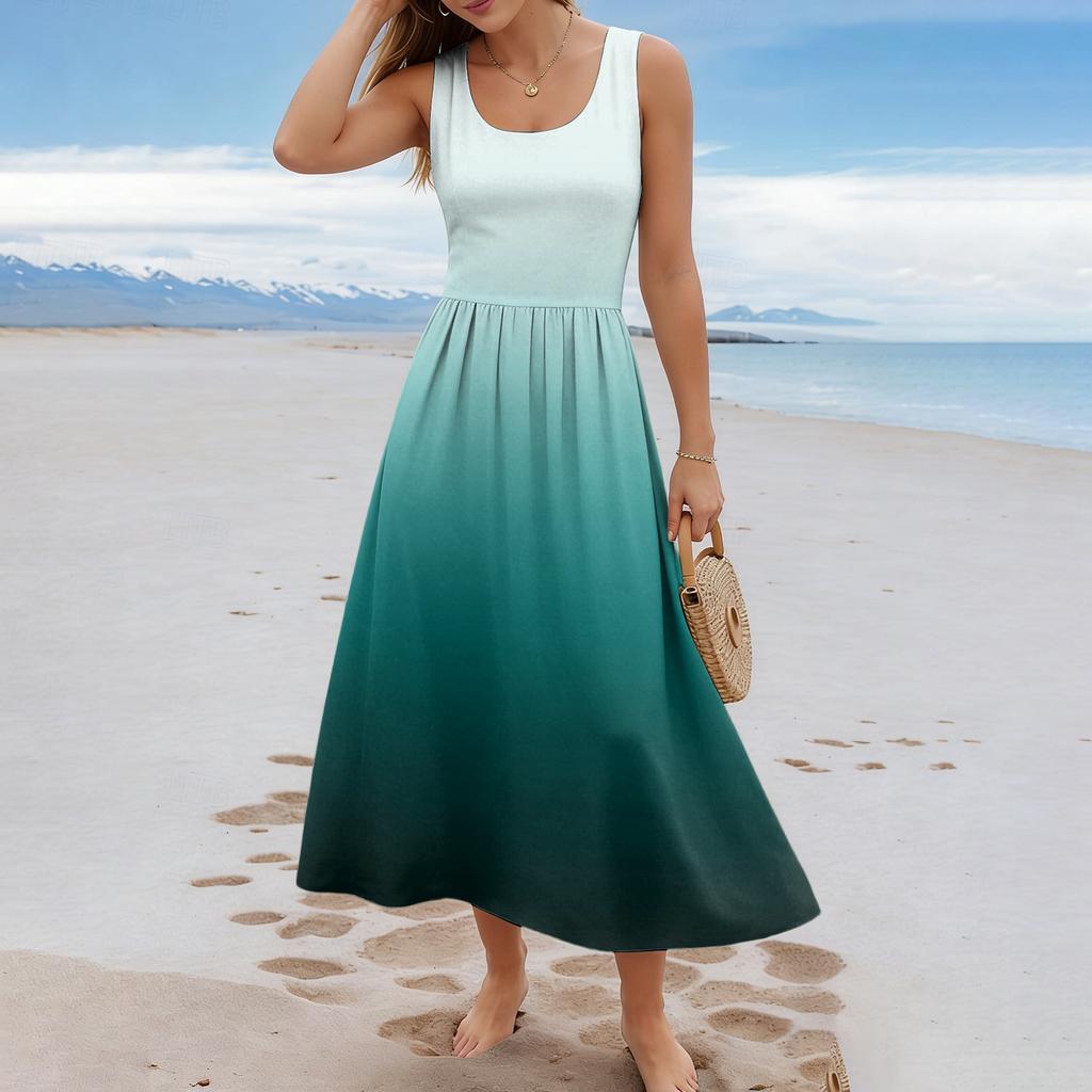 Ladies' gradient printed summer casual and fashionable sleeveless long dress