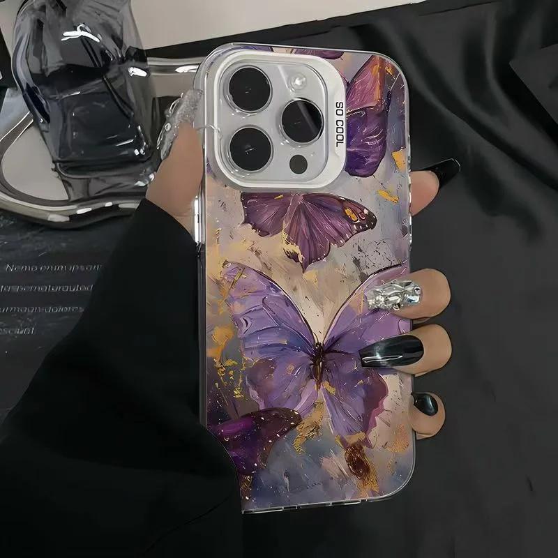 INS Retro Rose Butterfly Phone Case For iPhone 16 15 14 13 12 11 Pro Max XR XS MAX SE 2 3 7 8 PLUS Laser Silver Shockproof Cover
