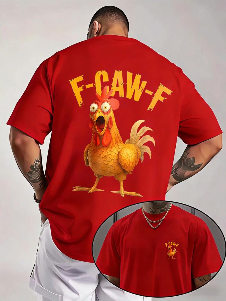 Navy Unisexs Tee Cartoon Rooster F Caw F Letter Print Crew Neck Cotton Short Sleeve Humor Male Street Summer Soft Daily Casual Wear