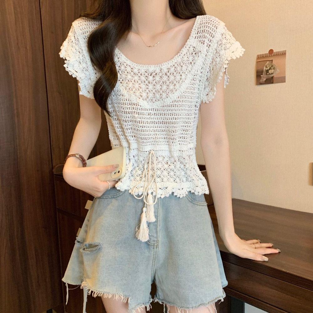 Crochet Knit Crochet Knit Top Tassel Hem Beach Cover Up Fashion Hollow Out Blouse Vacation