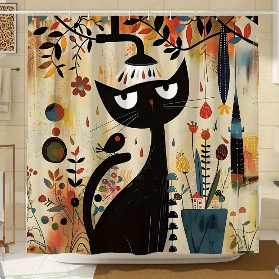 Whimsical Black Cat Waterproof Shower Curtain - Colorful Garden Design, High-Quality Fabric, Durable and Stylish