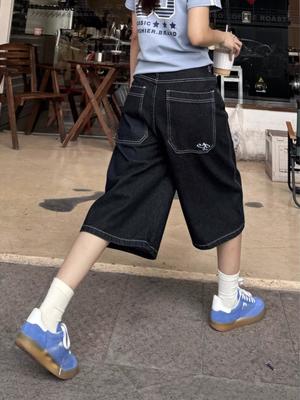 American High Street Fashion Loose Denim Shorts Retro Wide Leg Cropped Pants Women Y2k High Waisted Embroidery Casual Mid Trouser
