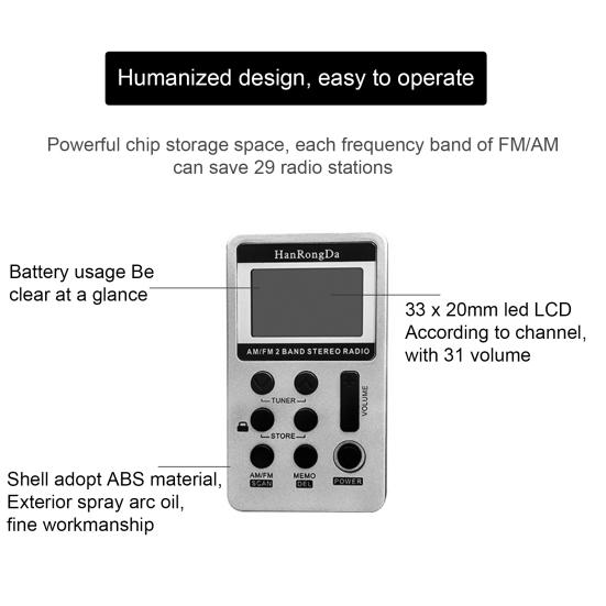 HRD-103 Digital Radio Band 1.5 Inch Rechargeable Dual LCD Display Mini Portable FM/AM