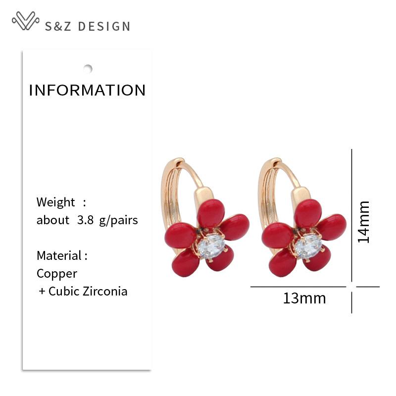 Fashion Champagne Gold Color Red Flower Enamel Oil Drop Earrings For Women Girl Party Cubic Zirconia Eardrop Jewelry