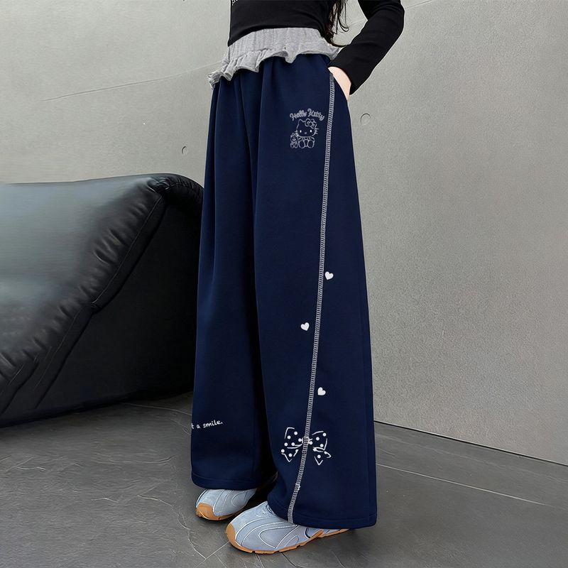 Hellokitty Girls  Autumn Casual Parachute Pants 2025 New Big Kids  Autumn Clothing Loose Cartoon Crescent Pants Navy blue 160