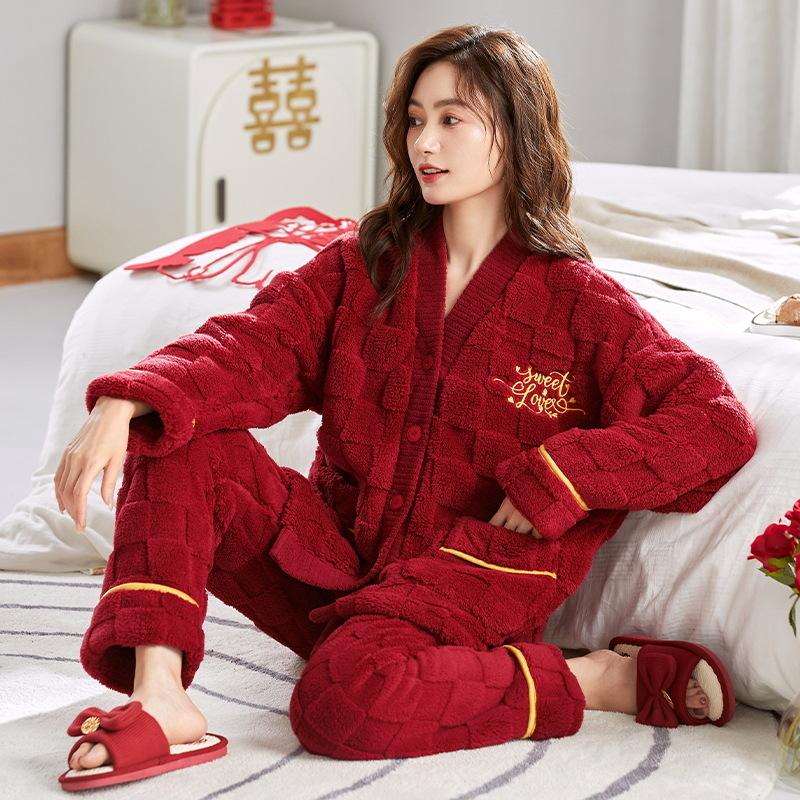 

Пижамы для женщин, зимние коралловые бархатные утолщенные бархатные свадебные праздничные осенне-зимние фланелевые годичные красные домашние костюмы 2XL