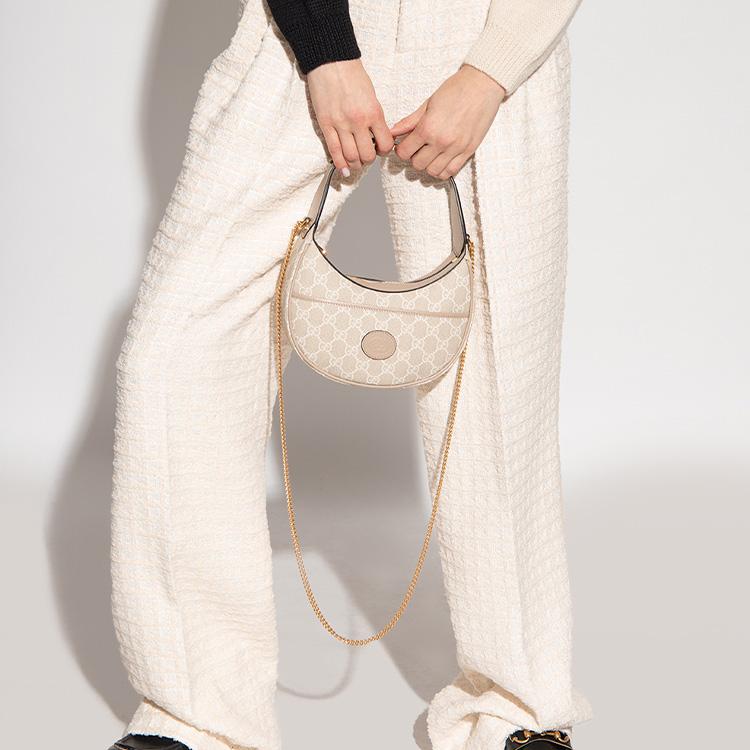 Gucci GG Supreme Logo Chain Canvas Half Moon Bag Women Handbags Beige White 726843-FAA4G-9897
