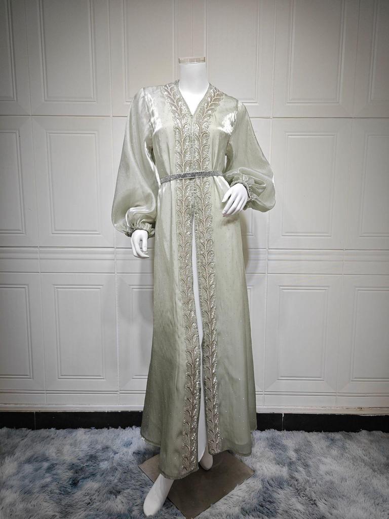 AB453 Puff Sleeve Cardigan: Elegant Long Dress & Robe Set with Hot Drill Accents