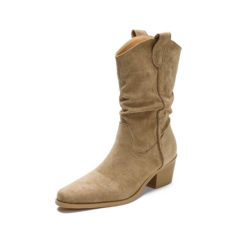 ~ Cm Heightening Pile Boots Women's Autumn Buckle Slim Maillard Thick Heel Mid Tube Martin Boots