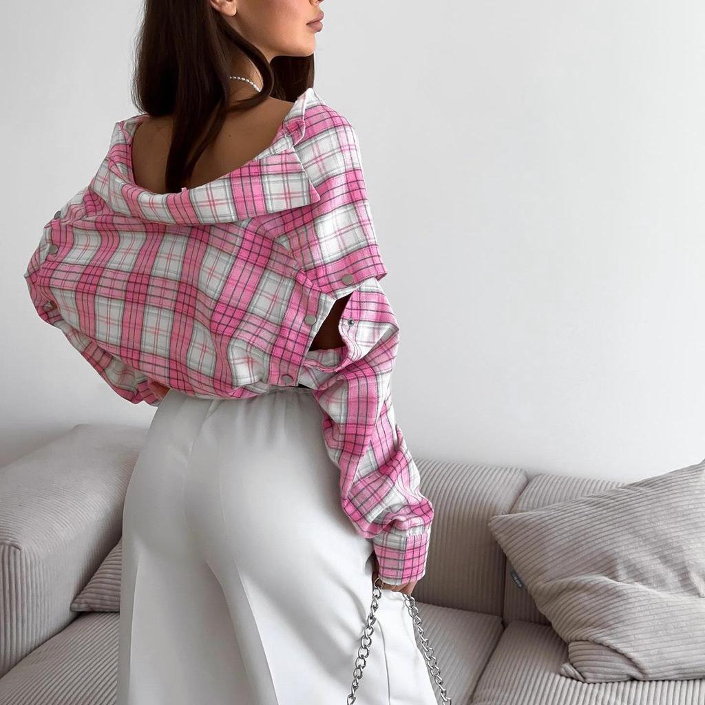 Women's Versatile Pink Plaid Loose Shirt with Removable Long Sleeves and Lapel