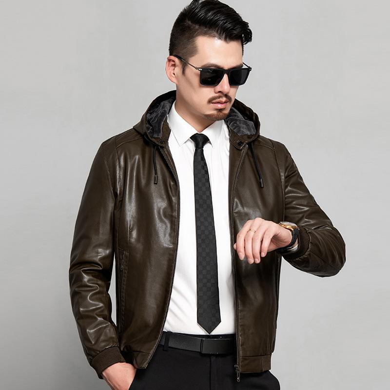 Young men's leather jacket spring and autumn new hooded casual dad autumn clothing 40 years old 50 years old jacket men's clothing
