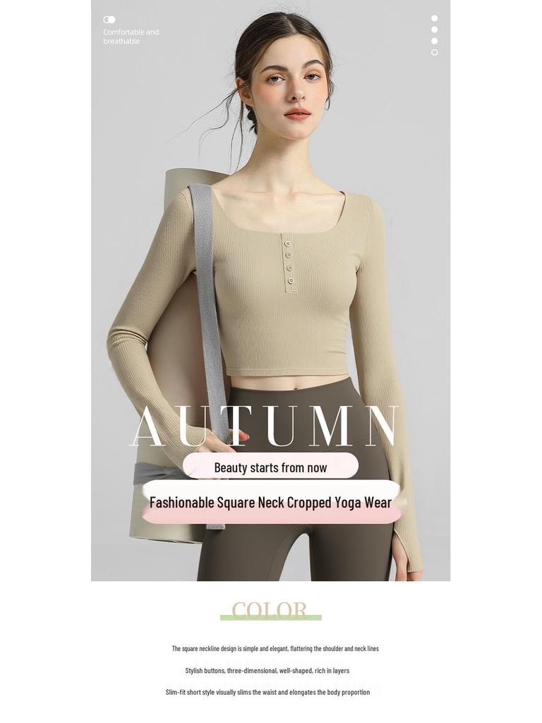 Women's Long Sleeve Yoga Top with Generous Neckline and Chest Pad for Autumn & Winter Workouts