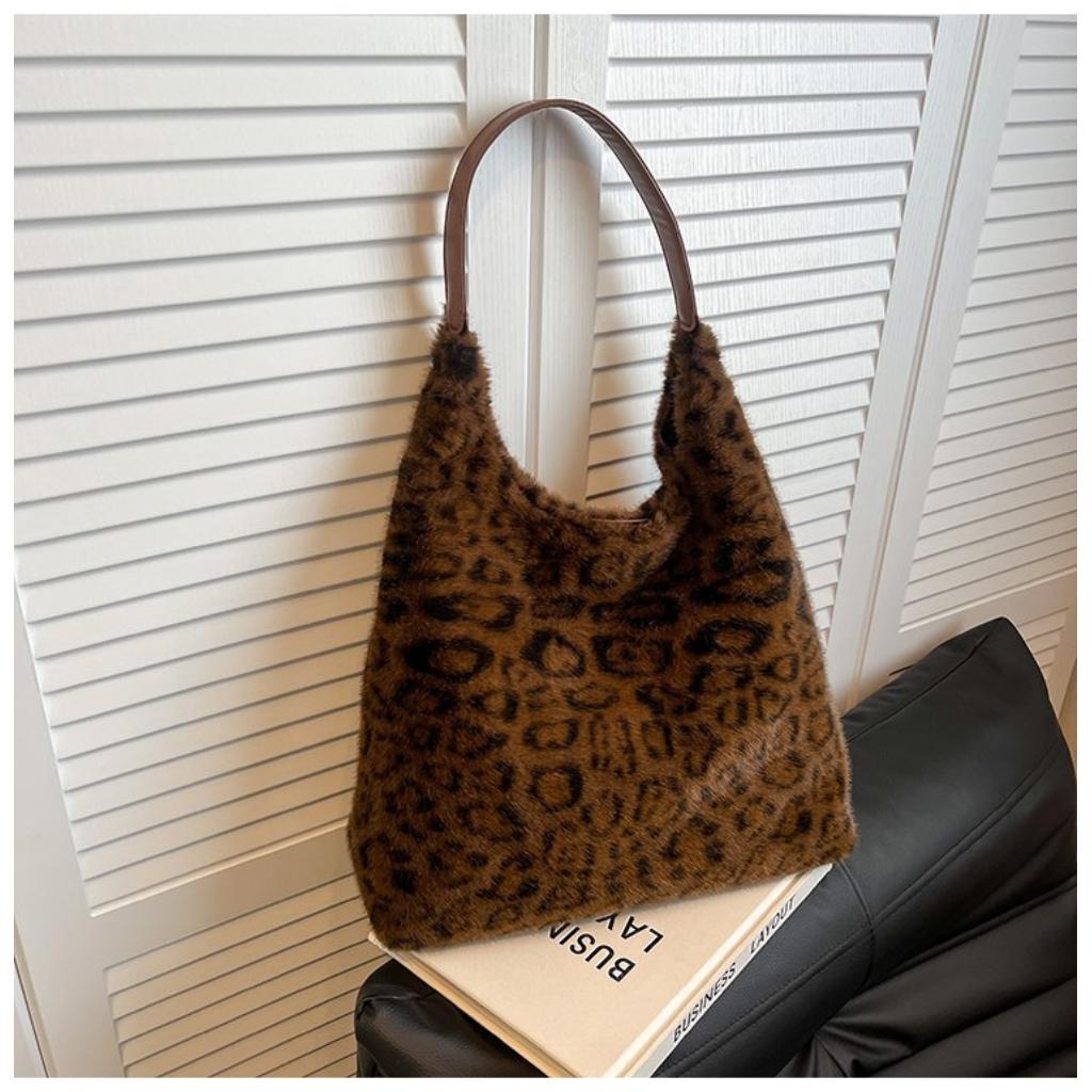 Hobo Bag for Women Plush Black Leopard Print Single Shoulder Carry Daily Use