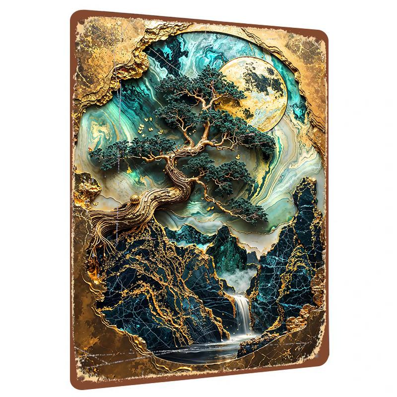 

Zen Style Metal Wall Art Chinese Pine Tree Moon Waterfall Living RoomDecor Painting 20x30cm（7.8x11.8inch）