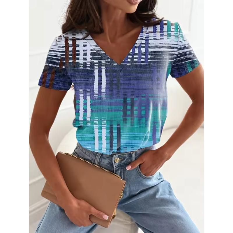 Summer V-neck 3D Color Gradient Printed Top Fashionable Casual Short Sleeved Women's T-shirts