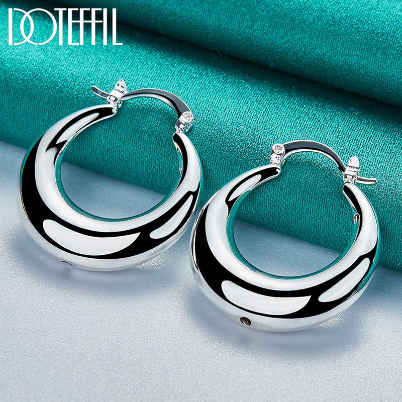 925 Sterling Silver Round Smooth U-shaped Large Ring Earrings Fashion Jewelry