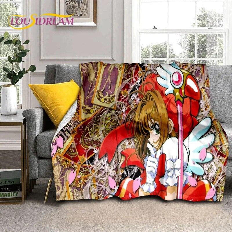 3D Cartoon Captor Anime Cute Card Sakura Blanket,Soft Throw Blanket for Home Bedroom Bed Sofa Picnic Office Cover Blanket Kids