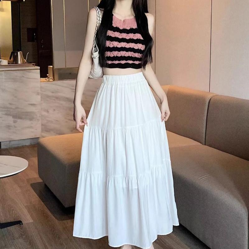 1PC High Waist Skirts Long Skirts A-line Skirts Polyester Chiffon White Elastic Women Vintage