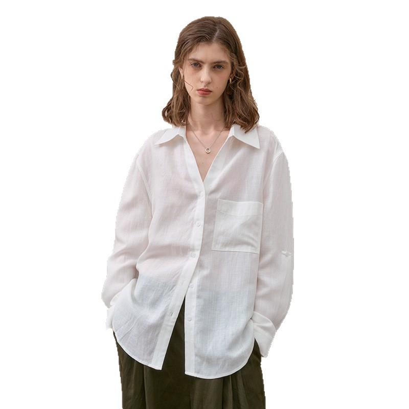 Light and thin pure linen shirt women's high-end simple solid color lapel cardigan lazy wind long-sleeved loose sunscreen shirt