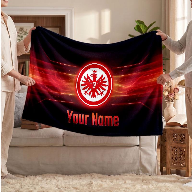 Couverture polaire personnalisée Eintracht Frankfurt avec logo de football, texte de nom personnalisé, couverture jetée douce et chaude pour la maison