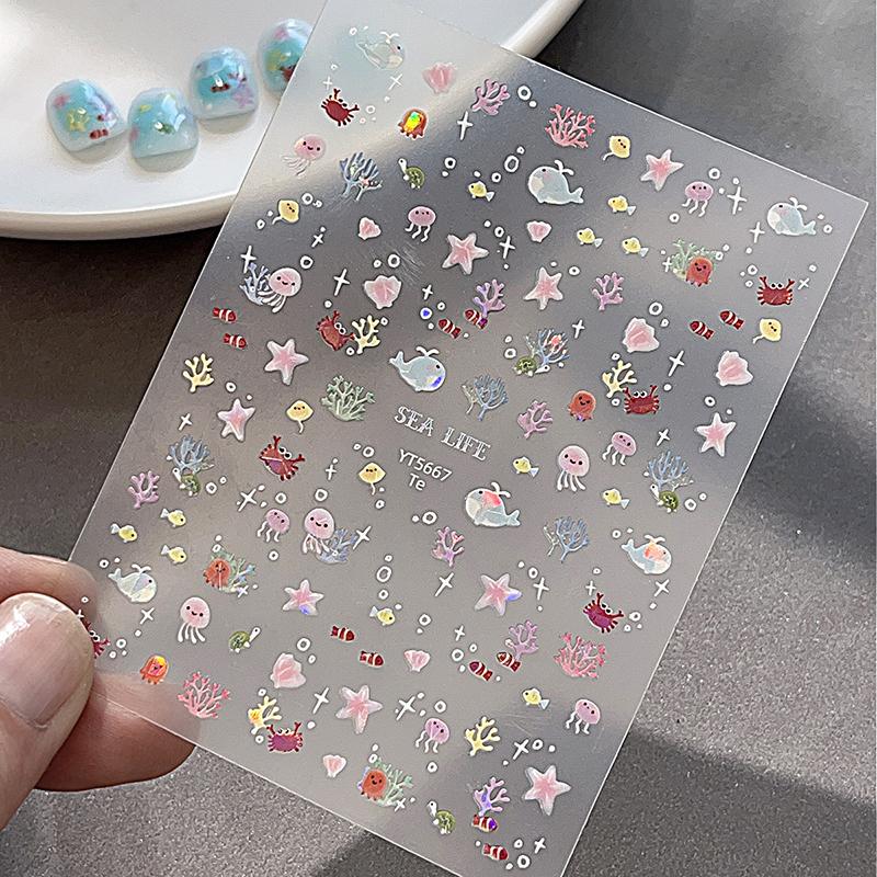 5D Fantasy Beach Summer Dreamy Colorful Starfish Shell Jellyfish Coral Jelly Decals Decoration Nail Art Sticker Manicure Salon