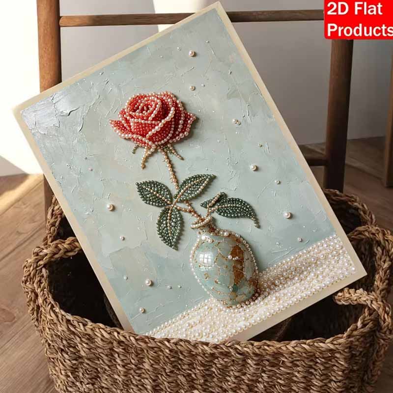 DIY rahmenloses Perlenmalerei-Set Rote Rose in Vase Design 3D glänzende Perlenkunst Leinwand Entspannendes Basteln für moderne Heimwanddekoration Kunstgeschenk