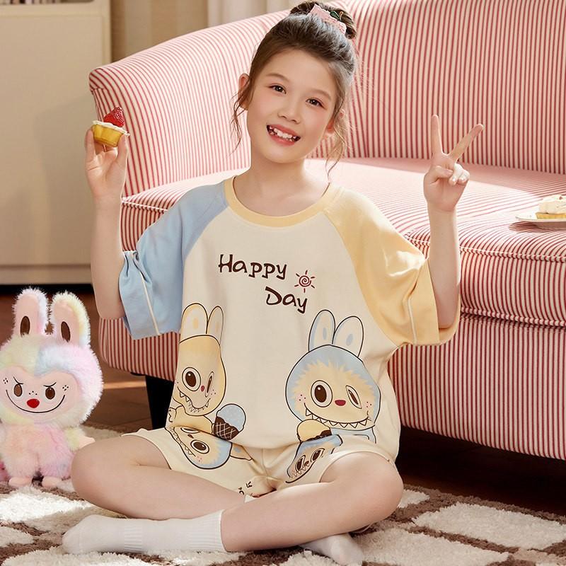 Cotton Short Sleeve Pajama Set Girls Cartoon Print Loose Sleepwear Home Outfit 2025