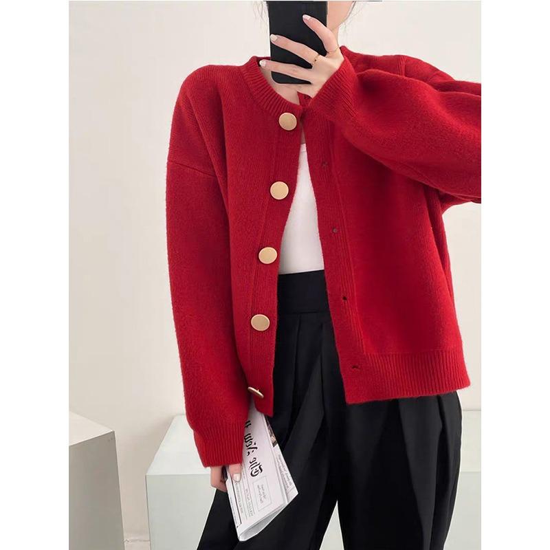 Round Neck Solid Color Loose Knit Cardigan Women's Autumn Winter New Casual Simple Soft Lazy Style Gentle Sweater Coat
