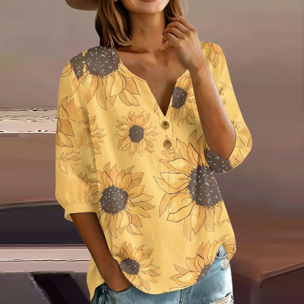 Women’s Floral Print Henley Neck Button Front Cotton Linen Blouse with Chest Pocket and Three Quarter Sleeves for Casual Wear