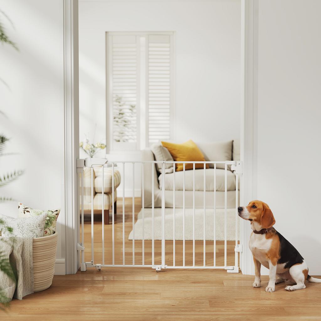 Dog Safety Gate, 74.5-111.5x74.5 Cm, Stair Gate, Self-Closing, One-Handed Opening, White