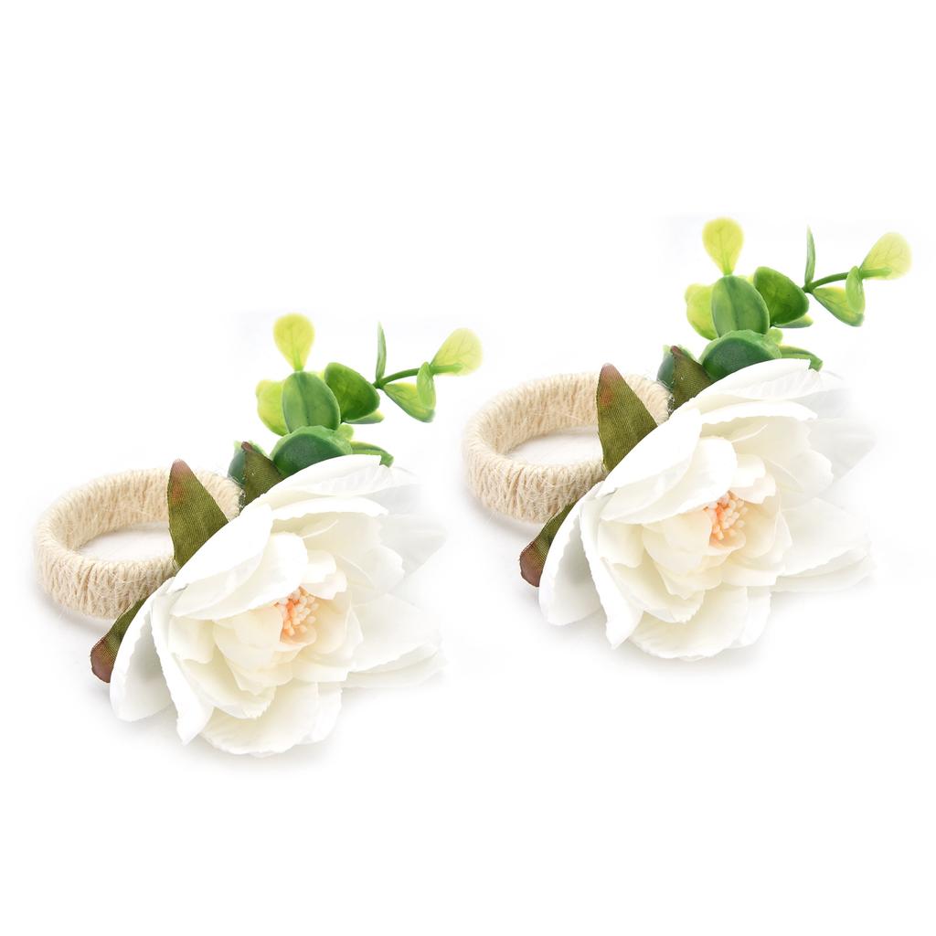 2Pcs Hemp Rope Napkin Buckle Simulation Flower Napkin Ring for Hotel Western Restaurant6622 White
