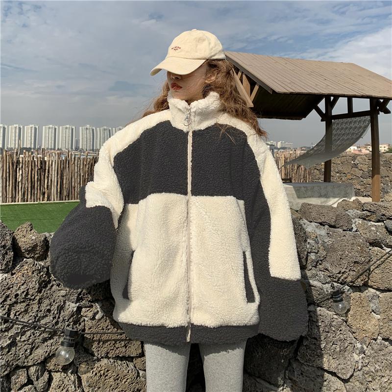 Elegant Coat Women Autumn Winter Warm Soft Zipper Patchwork Jacket Female Plush Overcoat Pocket Casual Outwear