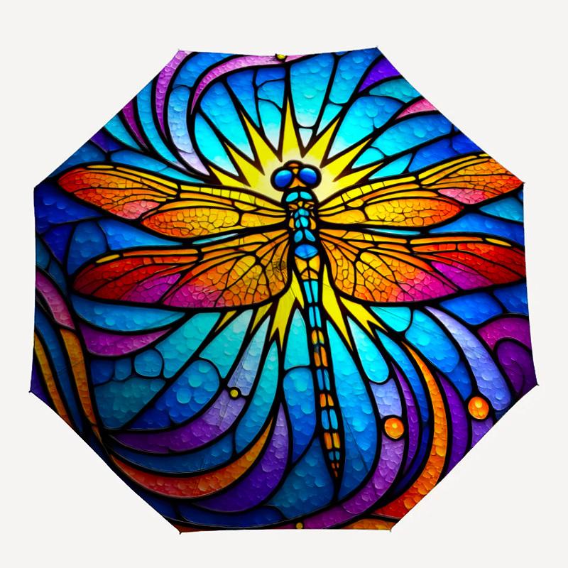 

1pc Stained Glass Dragonfly Automatic Open/Close Umbrella, Portable Folding Umbrella, Compact Travel Umbrella for104