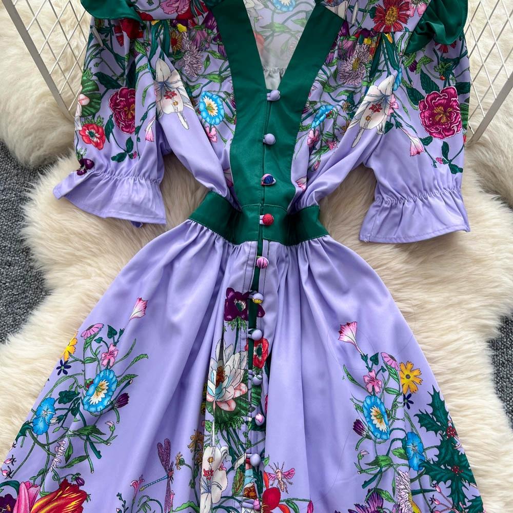 Vestidos de Pasarela Estampado Vintage de Verano para Mujer Cuello en V Mini Corto de Fiesta