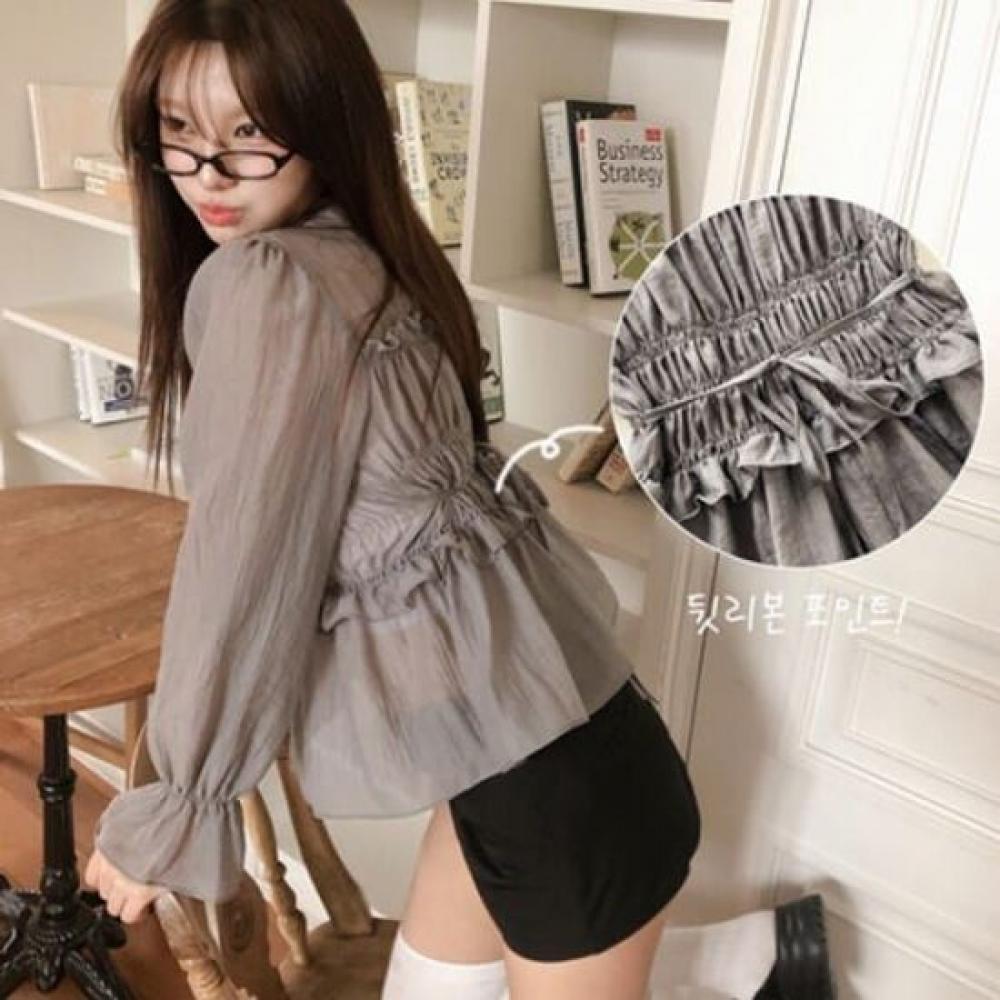 The Pink Women Sheer Puff Shrink Banding Frill Blouse