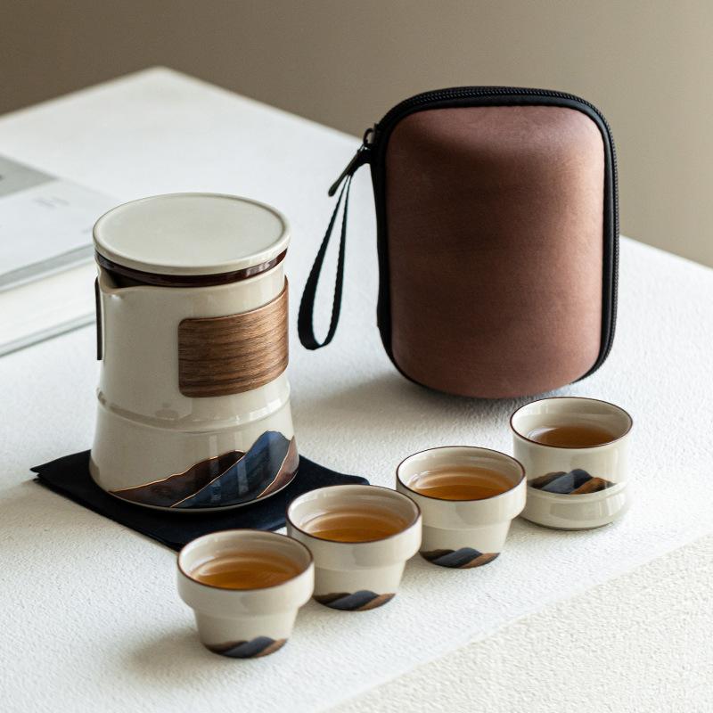 

Mountains and rivers Bamboo sound easy pot glass travel tea set outdoor camping portable teapot tea cup delivery