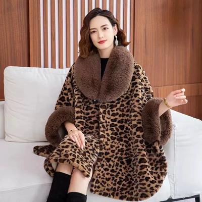 Women's Autumn and Winter Plus Velvet Thickened Fur Collar Cloak with Sleeves Mid-length Shawl Leopard Pattern Coat Retro Outer Cloak