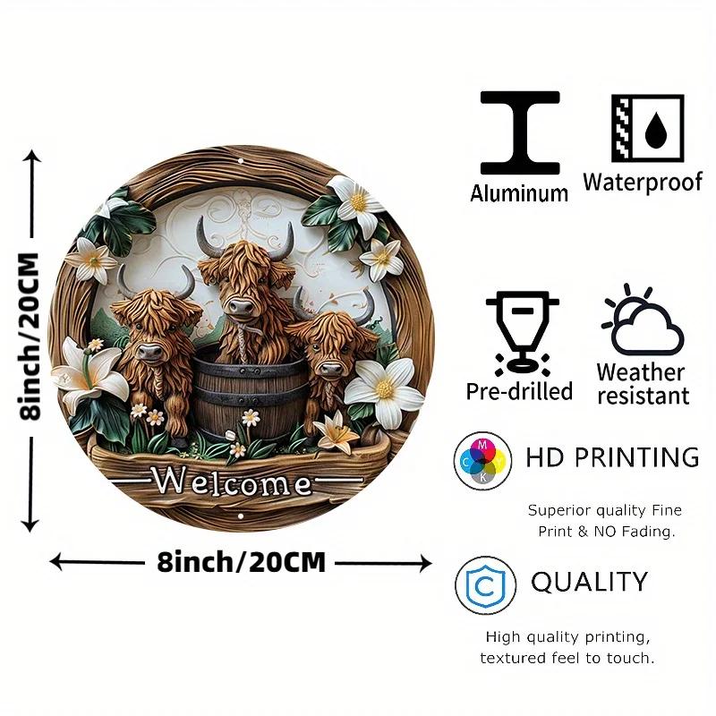 Attractive Highland Cow and Lily 8x8 Inch Aluminum Signage UV and Scratch Resistant, Easy To Hang Inside and Outside Decoration