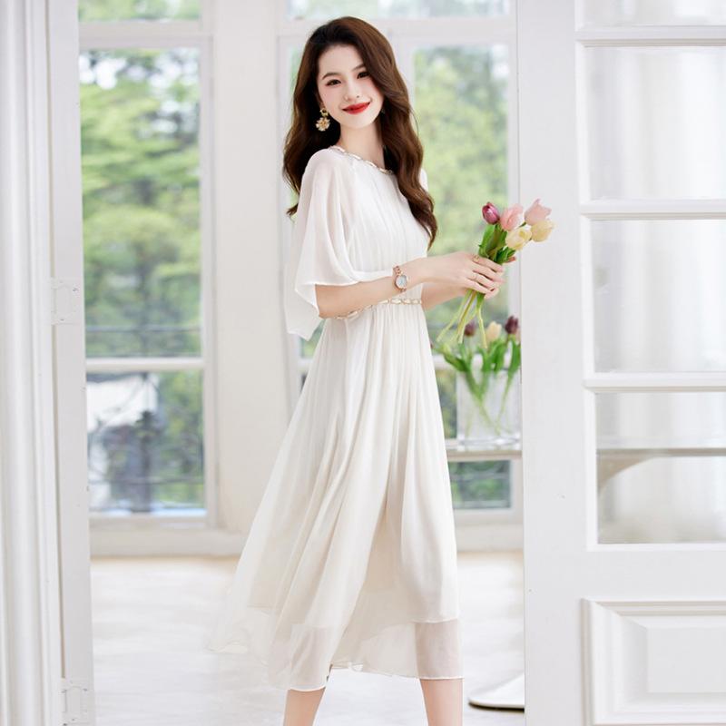 

Mulberry silk dress women s new tea break sweet waist thin silk holiday dress M білий