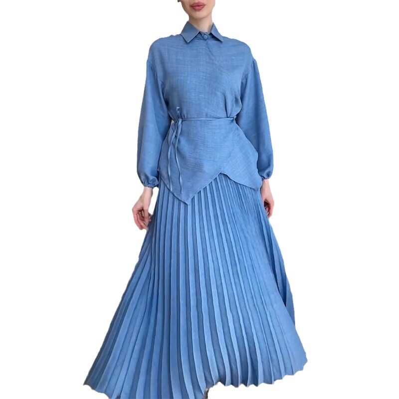 Shoelace Loose Shirt Top Elegance Skirt Blue Suit Women Elegant Skirt Set Women