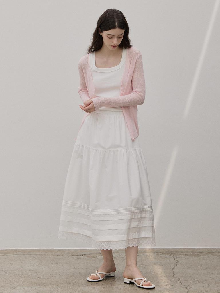 LE STUDIO Cotton Tiered Long Pleated Skirt Ivory