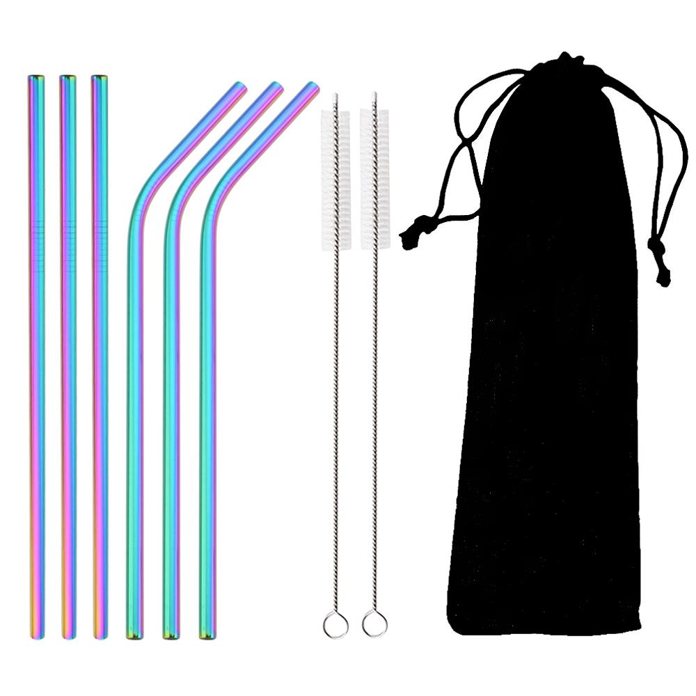 9Pcs Reusable Coloful Straw Set 304 Stainless Steel Straw Straight Bent Drinking Straw With Cleaning Brush Home Bar Accessory
